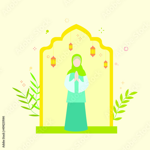 Flat illustration concept of Ramadan Kareem, suitable for background, card, wallpaper, banner, cover, business, poster, template, flyer. Cartoon Flat Vector Illustration.