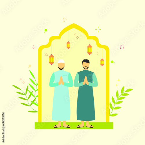Flat illustration concept of Ramadan Kareem, suitable for background, card, wallpaper, banner, cover, business, poster, template, flyer. Cartoon Flat Vector Illustration.