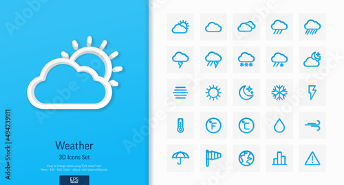 Vector 3d realistic style icons set. Illustration with weather and meteo outline symbols. Sun, cloud, rain, snow, moon, thermometer, humidity, umbrella flat line pictogram. Top view, shadow