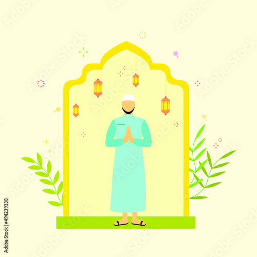 Flat illustration concept of Ramadan Kareem, suitable for background, card, wallpaper, banner, cover, business, poster, template, flyer. Cartoon Flat Vector Illustration.