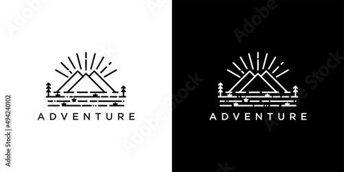 Monoline logo design template of mountain adventure. Premium Vector