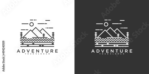 Monoline logo design template of mountain adventure. Premium Vector