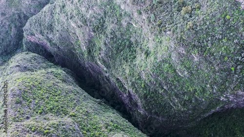 Aerial drone top-down view of a narrow and deep canyon. Recorded in Tenerife, Canary Islands, Spain. photo