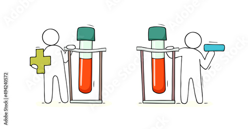 Cartoon character holding test tube with blood.