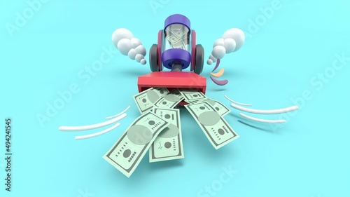 Fotografi vacuum cleaner suck a lot of banknotes on a blue background