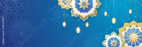 Stylish blue golden mosque design islamic banner background