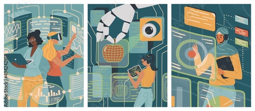 Woman in VR glasses working with virtual reality screens. DIversity and Break the science bias concept vector illustration. Women in tech. Innovative technologies in science. Female developer