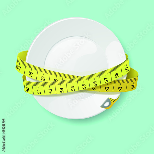 Clean plate and tape measure. Sports and diet. Health. Vector illustration, symbol of health, sports, proper nutrition