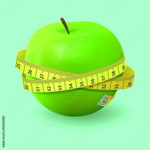 Apple and tape measure. Sports and diet. Health. Vector illustration, symbol of health, sports, proper nutrition