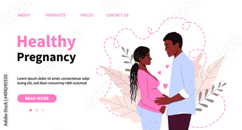 Vector banner healthy pregnancy concept. Man holding belly of a pregnant African American woman.