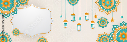 Stylish colorful golden mosque design islamic banner background