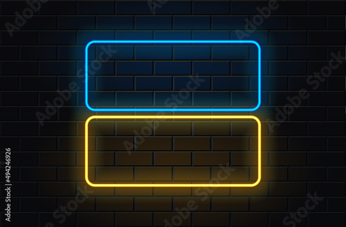 Neon lights flag of Ukraine on black brickwall background