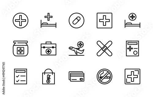 Simple set of medical related vector linear icons. Contains icons such as: pills, first aid kit, medical sign, questionnaire and more. Editable stroke. 48x48 pixels is perfect.