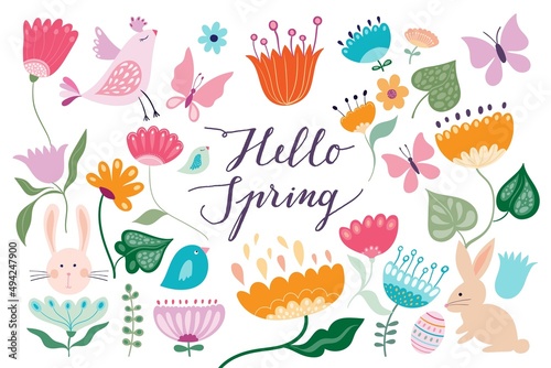 Hello Spring banner, poster, background with seasonal design, floral elements, flowers, butterflies, rabbits and birds, decorative doodle style