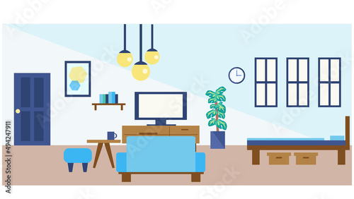 青基調の部屋　フラットな内装イラスト