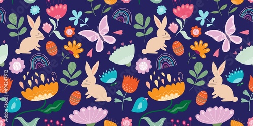 
Springtime floral seamless pattern, wallpaper, background with seasonal design, flowers, butterflies, rabbits and birds
