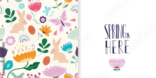 Springtime set with floral seamless pattern, wallpaper, background and greeting card with seasonal design