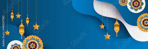 Stylish blue golden mosque design islamic banner background