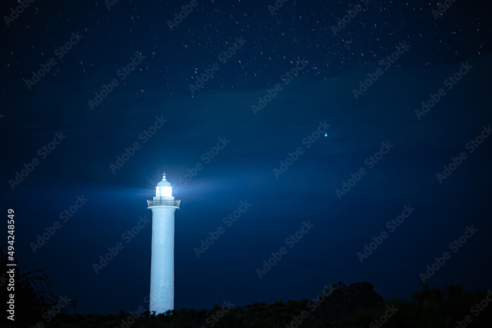 満天に輝く星と光る灯台