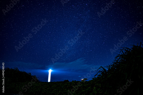 満天に輝く星と光る灯台