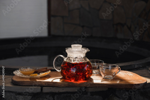 teapot with tea
cups of tea