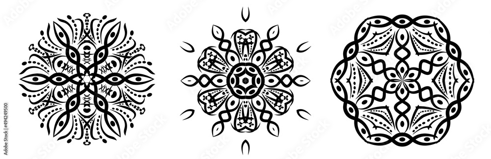 Fototapeta premium Set of circular geometric ornaments on white background. Template round mandalas for printing on fabric.