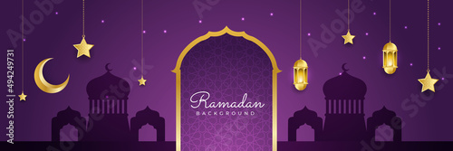 Stylish purple golden mosque design islamic banner background