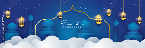 Stylish blue golden mosque design islamic banner background