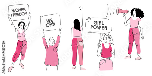 Feminist set girls gang with protest sisterhood arm, power fist and quote WOMEN FREEDOM, WE CAN, GIRL POWER. Vector illustration for International Women day in one line art