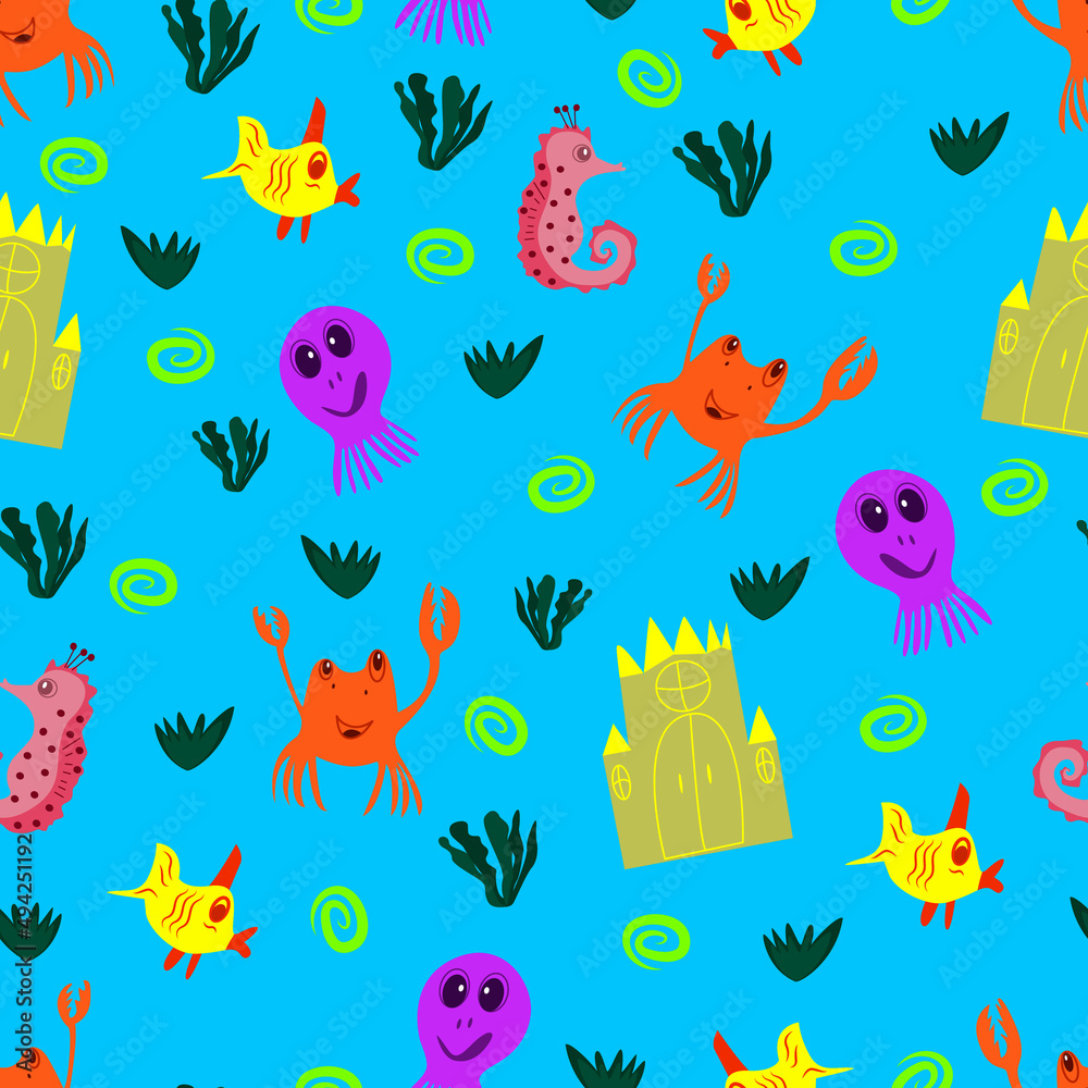 Fototapeta premium Pattern for children marine life. octopus, crab, seahorse, fish. Vector illustration