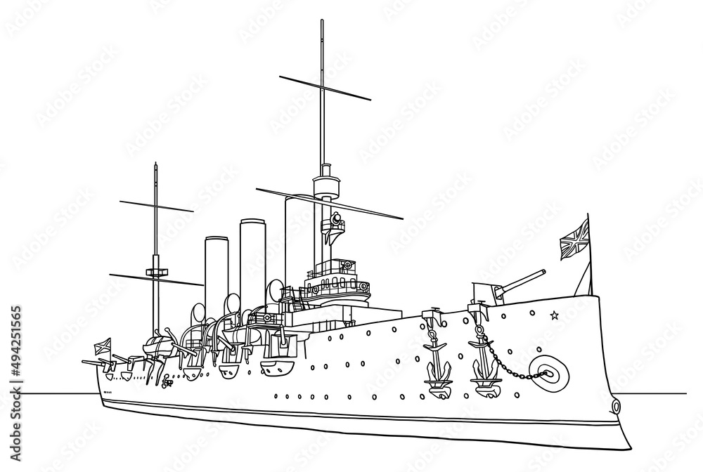 Cruiser Aurora in Saint Petersburg Russia, line art ship drawing, hand drawn navy illustration on white background