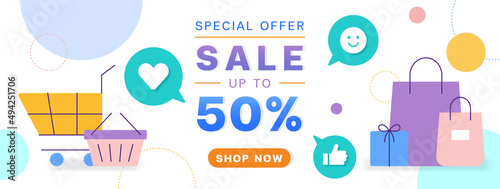 Special offer sale up to 50 shop now button satify Smile heart love like thumb up shopping bag trolley cart Isolated Online Marketing Landing Page E-commerce Promotion Sale Trolley Cart Shopping Bag photo