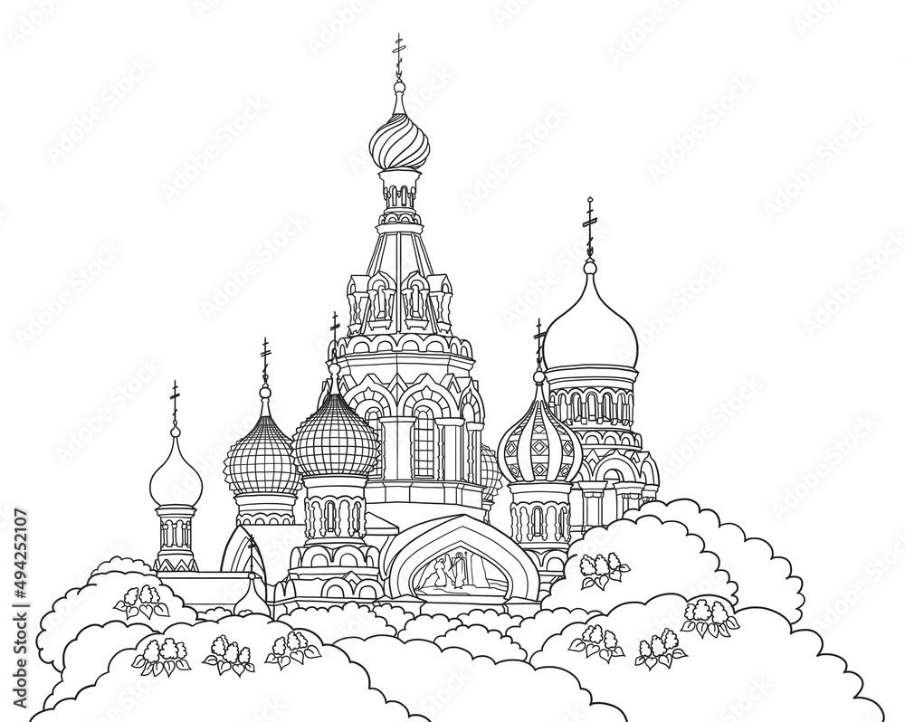 Church of the Savior on Blood in Saint Petersburg Russia, line art architecture drawing, hand drawn city scape illustration on white background