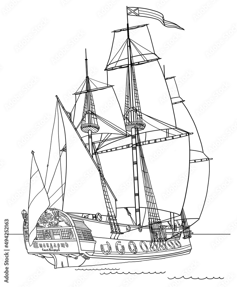 The frigate Shtandart ship line art drawing, hand drawn sailing boat illustration on white background