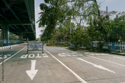 Kolkata, West Bengal, India - 23rd May 2020 : Super cyclone Amphan uprooted tree which fell and blocked road partially in Park street crossing. The devastation has made many trees fall on ground. photo