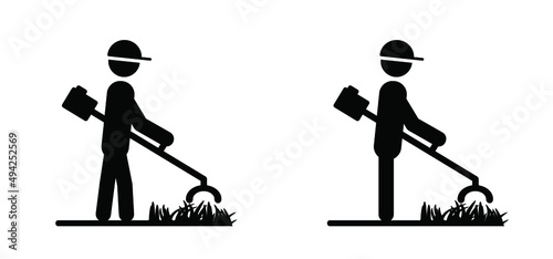 Stickman, stick figure man with lawnmower. Vector icon or pictogram. Garden tools. Grass lawn mower logo. Grass cutter or mower sign. Lawn-trimming, String grass trimmer, grass clipper or Cutting lawn