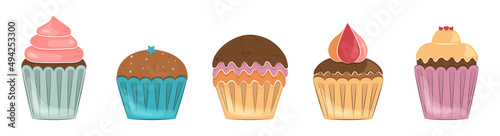 
A set of cupcakes on a white background. Hand drawn isolated elements, holiday stickers. Vector illustration.