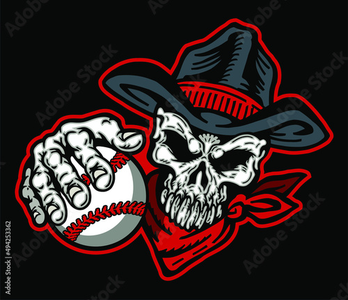 bandit skull mascot holding baseball for school, college or league