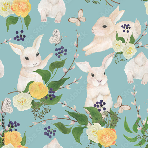 Wallpaper Mural Watercolor painting seamless pattern with cute easter rabbits, butterfly and fresh spring flowers Torontodigital.ca
