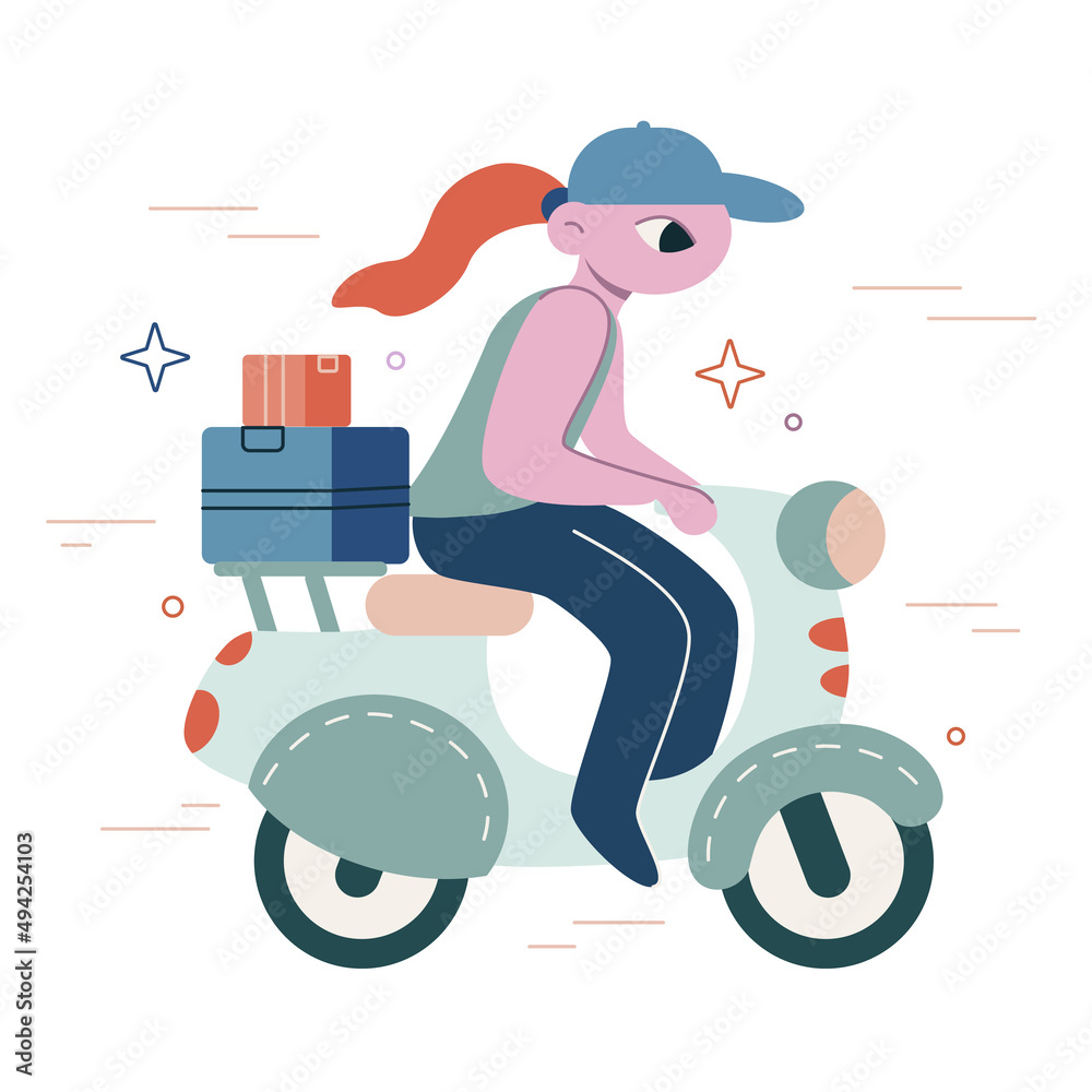 Vector flat cartoon illustration. The courier carries parcels on a scooter. Express delivery. Vector flat cartoon illustration. The courier carries parcels on a scooter. Express delivery.