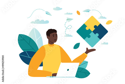 puzzle elements black man Team metaphor. people connecting puzzle elements. Vector illustration flat design style. Symbol of teamwork, cooperation, partnership vector African man Business concept.