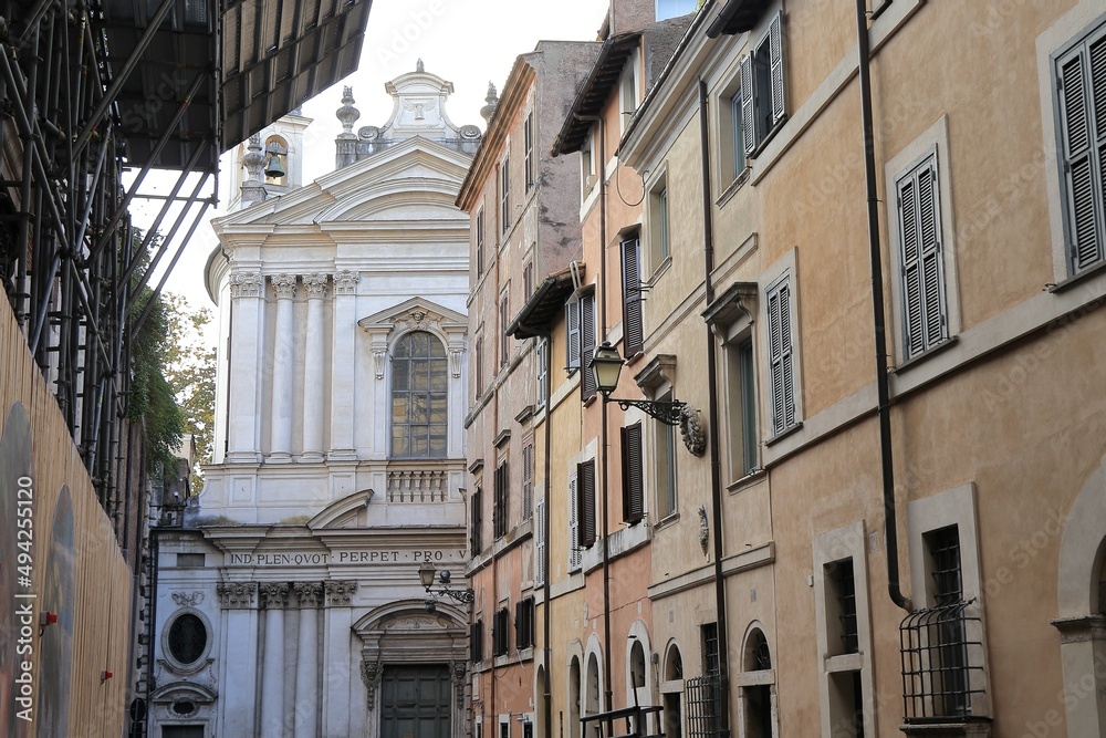 Rome Via dei Farnesi Street View with White Church and Traditional House Facades, Italy