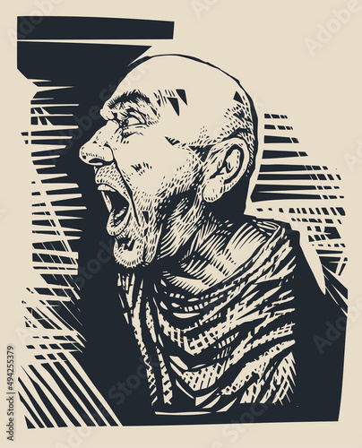 Screaming head. Aggressive shaven-headed man. Gravure style, vector illustration.