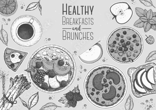 Breakfasts top view, healthy food illustration. Morning food menu design. Breakfast and brunches dishes collection. Vintage hand drawn sketch, vector illustration. Engraved style.