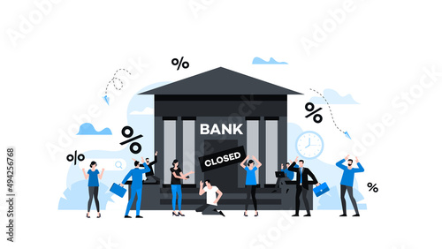 Upset people are standing near a closed bank. General panic due to the financial crisis. Animation ready duik friendly vector. Financial crisis, economic recession, bankruptcy, depression.
