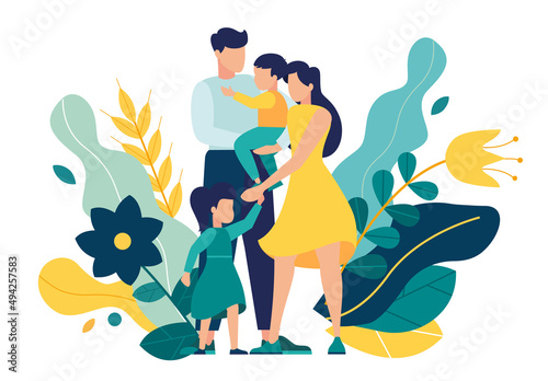 happy family vector illustration of happy family, mother father daughter son holding hands and hugging, complete prosperous family vector