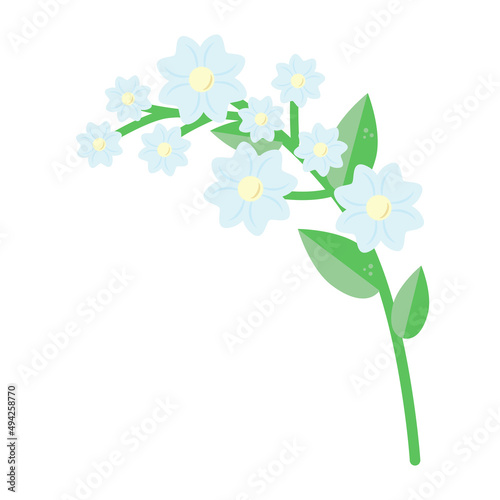 Vector blue flowers, Branch of a plant, blue flowers with a yellow center. Preliminary illustration in simple flat cartoon style. Pastel colors Green, blue, yellow color isolated on white background