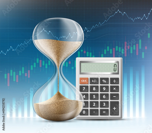 Hourglass next to a calculator on the financial background