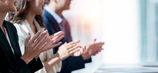 Business people applauding. Group of business people clapping in row. Banner background.