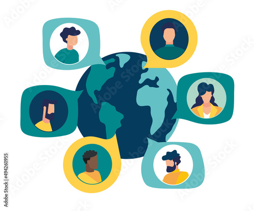 People social communication global network business talk . flat vector illustration work team group world map online communication